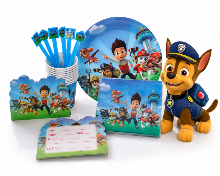 Paw Patrol birthday party supplies set with themed plates cups napkins decorations and cartoon dog character